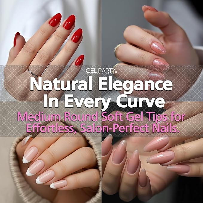 GELPARTY Soft Gel Nail Tips Medium Round - 240Pcs Pre-Buffed Matte Full Cover Tips - Natural Look, No Filing Needed, Soak Off Gel Extension System - Clear False Nails (12 Sizes)