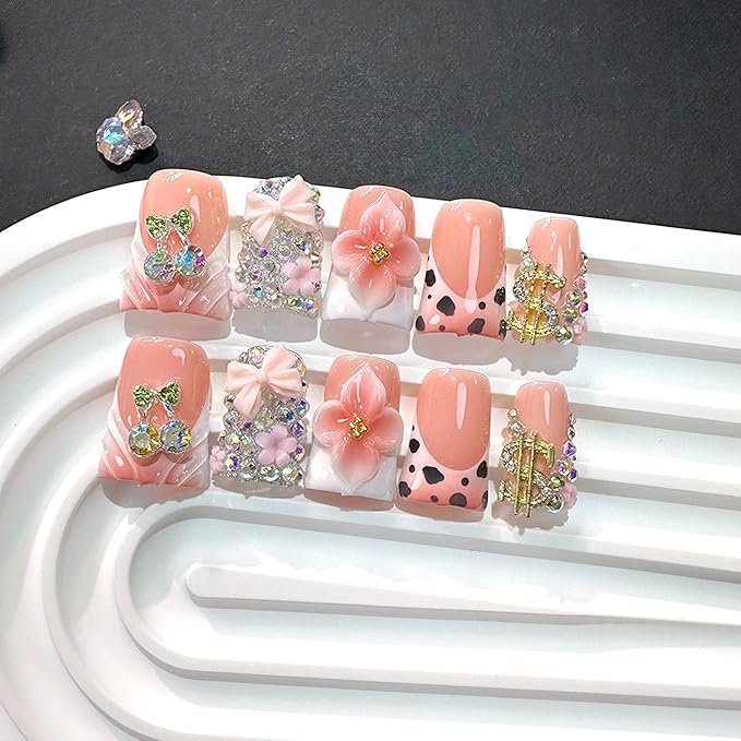 Handmade Press on Nails Short Duck Fake Nails French Tips False Nails with 3D Flower and Butterfly Design Nails Press Ons Luxury Cute Artificial Nail for Women Manicure 10Pcs (Size M)
