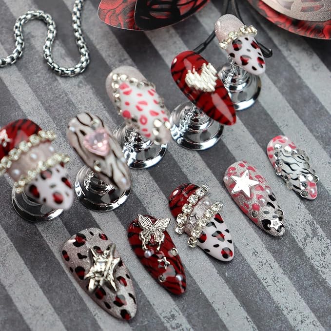 Leopard Print Press on Nails Heart Fake Nails with Rhinestone Design Medium Almond False Nail Butterfly Glue on Nails Pure Handcrafted Nail Art Glitter Stick on Nail for Women Premium Manicure (L)