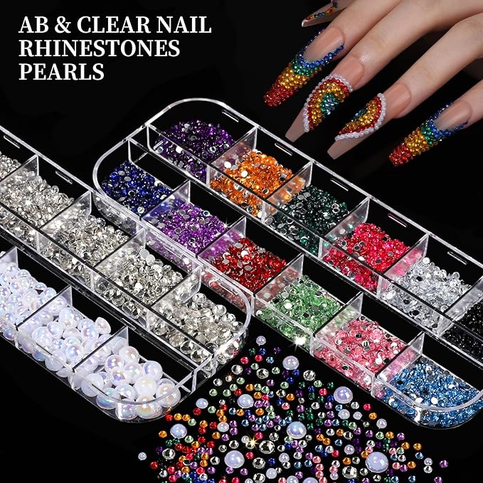 FANDAMEI Nail Charms, Nail Rhinestones Kit with 8 Boxes of Nail Gems, 3D Charms for Nails, Colorful Clear Flatback Rhinestones, Charms Y2K for Nails, Multi Shape Pearls Jewels for Crafts