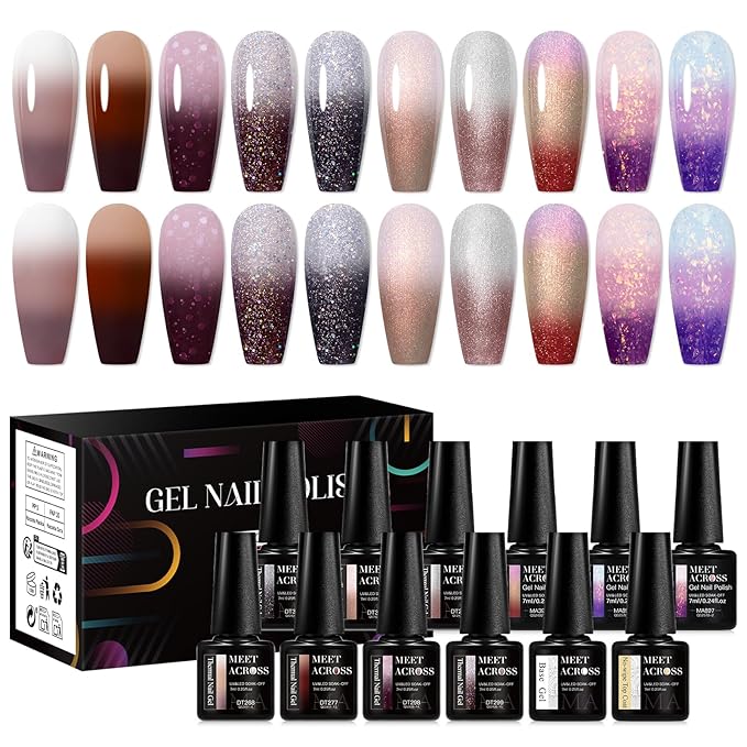MEET ACROSS Color Changing Gel Nail Polish Set, 12 PCS Shimmer Glitter Mood Temperature Change Colors Kit, Black Brown Gray Purple UV Thermal Manicure Gel Gift