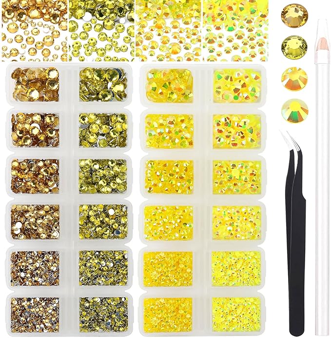 15000PCs 2-6MM Yellow Series Resin Flat Back Rhinestones, Round Non Hotfix Jelly & Silver Bottom Resin Rhinestones Nail Gems Stones with Tweezer & Picker Pen for Nail Art Tumblers & DIY Crafts