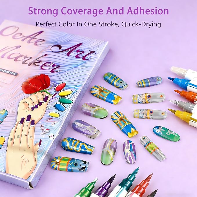 10 Colors Nail Art Pens Set, Metal Giltter 3D Nail Marker Double-ended Nail Point Dotting Pen,Drawing Painting Liner Brush for DIY Nail Manicure Tools for Home Salon Beginners (10 Colors - A)