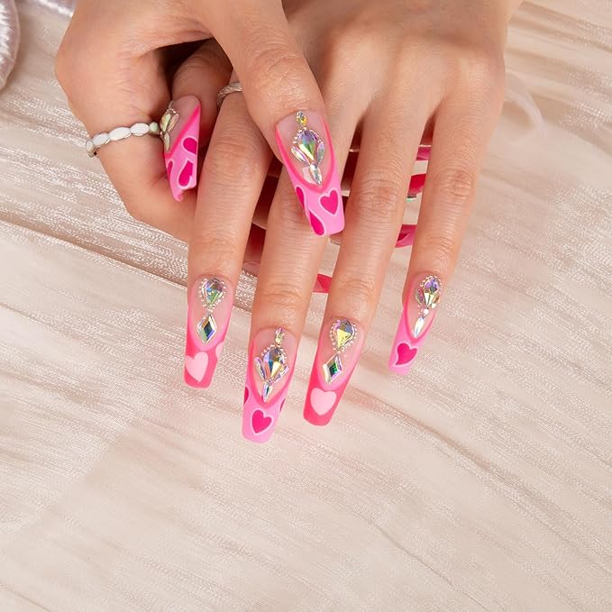 LOVFUL Press on Nails The Floating Romance French Tip | Handmade with Full Covered Crystals | Reusable Full Cover Nails | Coffin Classic Regular 1.3 in | H160-S