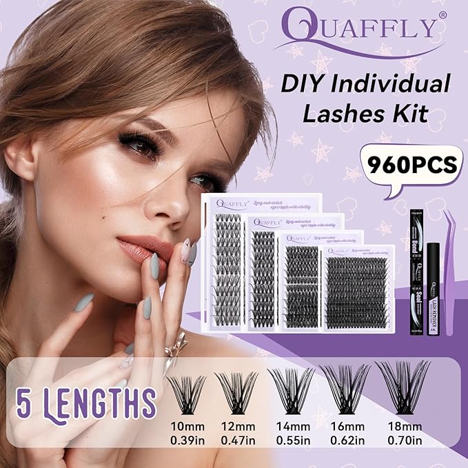 Lash Extension Kit 960Pcs D Curl Individual Lashes Kit Includes 4 styles of Lash Bond and Seal Remover and Tweezers (10-18MM-30+40+60+80D)