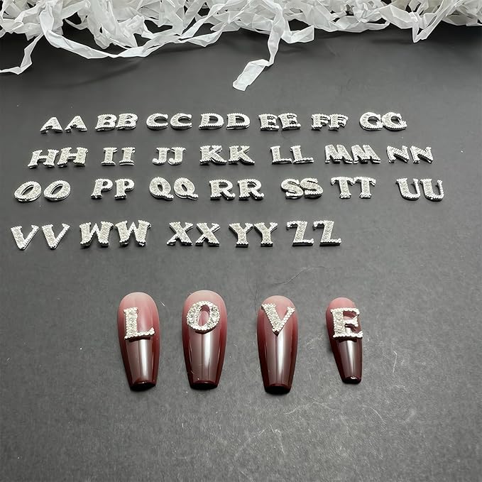 104 Pcs 3D Silver Nail Charms Letters Initial Charms for Nails Nail Letter Charms Alphabet Rhinestone Letter Nail Charms for Nail Art Design Decoration DIY Craft