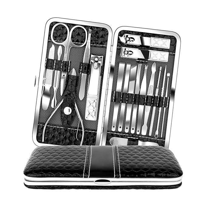 Teamkio Manicure Pedicure Set Nail Clippers Travel Hygiene Kit Stainless Steel Nail Cutter Care Set Scissor Tweezer Knife Ear Pick Utility Tools Grooming Kits with Leather Case 18 in 1 pcs (Black)