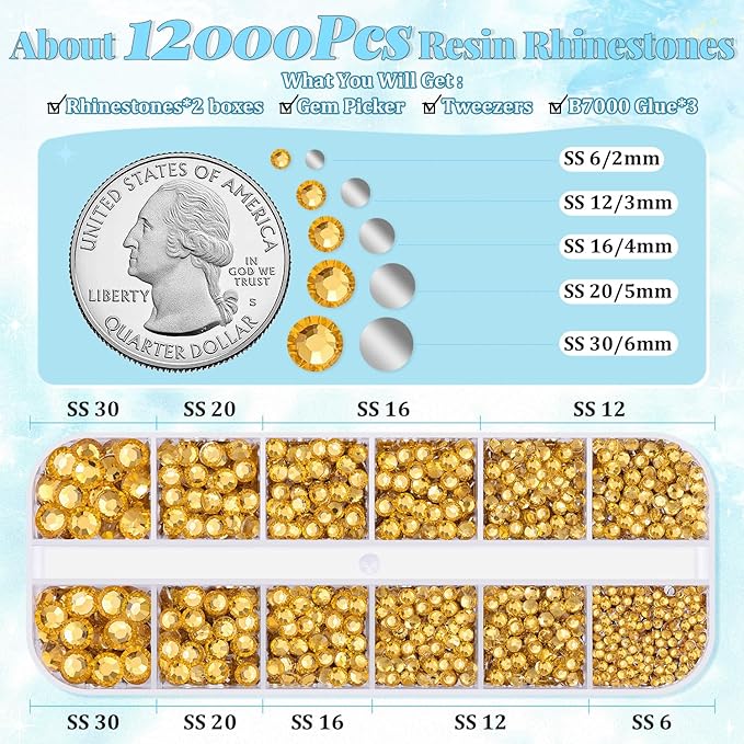 12000Pcs Resin Rhinestones for Bedazzling with 3Pcs B7000 Jewelry Glue, 2 Boxes Golden Flatback Rhinestones for Crafting Crafts DIY, Crystals Gems for Clothing Shoes Tumblers Nail Art Makeup