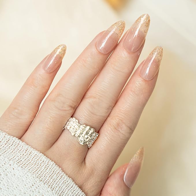 30Pcs Almond Press On Nails - Supremely Fit & Natural Soft Gel Almond Nails,15 Sizes, Reusable Fake Nails Kit with Gift Box for Women (Sparkle Nude)