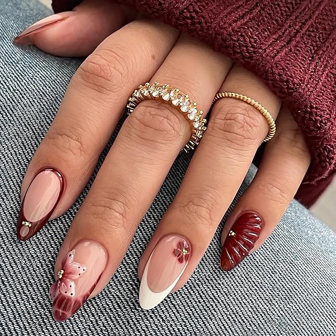 Handmade Press on Nails Medium Almond MABKJLF French Tip Fake Nails 3D False Nails with Flower Beads Designs Red&White Glossy Glue on Nail 3D Fall Acrylic Nails for Women Girls 24Pcs