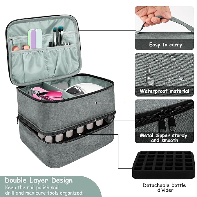 Nail Polish Organizer Case, Large Nail Varnish Storage Carrying Bag, Double Layer Portable Makeup Box Holds 30 Bottles, for Nail Dryer lamp, Nail Art Tools Accessories (Grey), Grey
