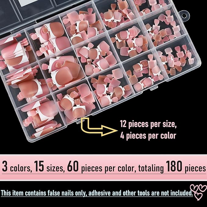 Press On Toenails, 180Pcs French Tip Toe Nails Sharp Square for Women Pre-Designed Soft Gel Thick False Toenail Extension, Brown Berry Pink Full Cover Acrylic Nails for Salon & DIY 15 Sizes