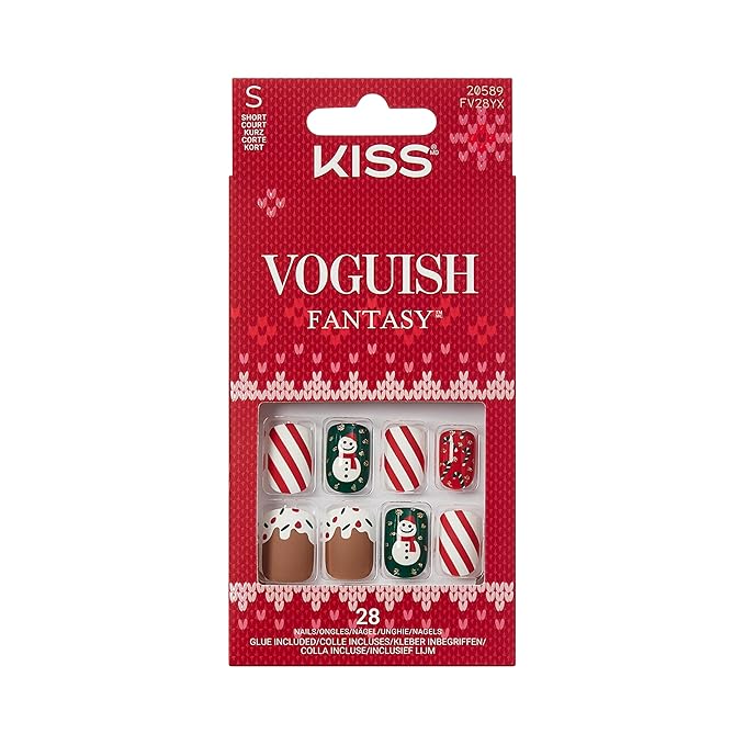 KISS Voguish Fantasy Holiday Press On Nails, ‘Snow Pops’, Multicolor, Short Squoval, No Damage To Natural Nails, Pink Gel Nail Glue (2g), Mini Nail File, Manicure Stick, & 28 Fake Nails
