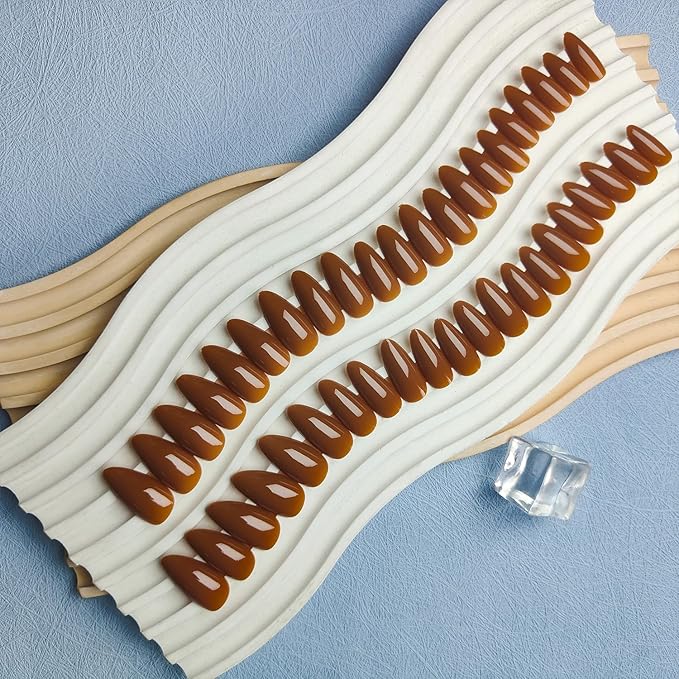 Light Brown Press on Nails Almond Shaped 48Pcs Neutral Thick Fake Nails for Women, Medium Almond Nails Press on Reusable Acrylic Nails Glue on Medium Length Stiletto False Nails Gel Artificial Nails