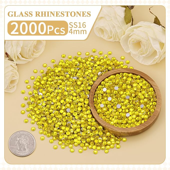 2000PCS SS16/4mm Crystal Rhinestones (Lemon Yellow), Bedazzling Flatback Glass Rhinestones for Crafting, Gems Diomand Charms for Tumbler Shoes Clothing Mugs Nail Art
