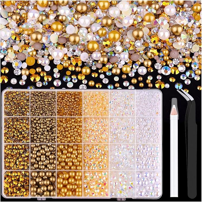 14000PCS Flatback Pearls and Gold Rhinestones for Bedazzling Kit, White Brown Mixed Size 3-10mm Resin Rhinestones Gems and Half Pearls for Crafting, Nail Art Crafts Decoration