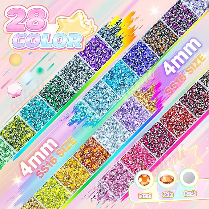 28 Color 4mm Crystal Resin Rhinestones w B7000 Glue for Bedazzling Crafting SS16 Flatback Colorful Stones Crystals Gems Diamonds Bedaazler Kit for Nails Eyes Face Makeup Tumblers Bottles Crafts