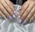Almond Press on Nails Long Fake Nails Seeneey Purple Artificial Nail White Gold Charm Flowers Stick on Nail for Women 24pcs