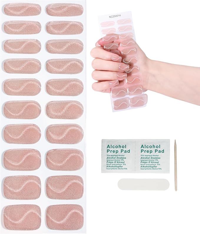 Cat Eye-Inspired 20pcs Semi Cured Gel Nail Strips - Salon-Grade DIY Wraps with Glaze Texture, Easy Application, UV Light Required for Stylish Nails