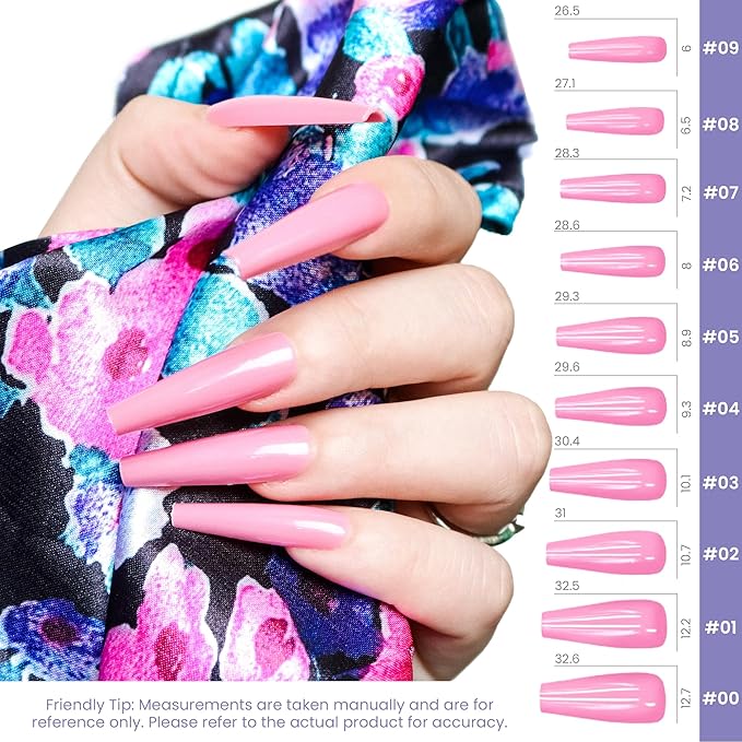 Allkem Press on Nails Extra Long Ballerina (20 Pieces) - Glossy Nail Extensions Kit - 10 Sizes Glue on Fake Nails (Rose Pink)