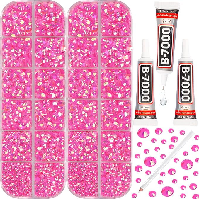 11000Pcs Jelly Hot Pink AB 2/3/4/5mm Flatback Rhinestones with Glue for Bedazzling Crafting Clothing Clothes Crafts Shoes Nail Art, Resin Flat Back Gems Crystals Diamonds Gemstones Jewels Stones Kit