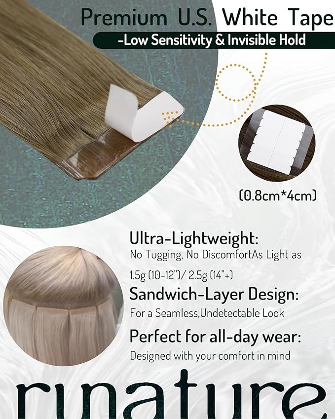 RUNATURE 24 Inch Tape in Hair Extensions Blonde Ombre, Long Straight Hair, Human Hair Tape Ins Extensions For Women, Blonde Balayage Platinum Blonde, Remy Smooth Texture, Can Be Curled #Ba8/60