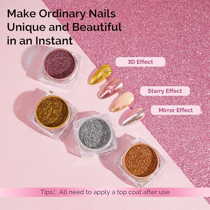 MelodySusie 4Pcs Chrome Nail Powder for Gel Nails,Metallic Mirror Effect Pigment Stylish and Technological Fine Glitter for Home DIY Salon Use