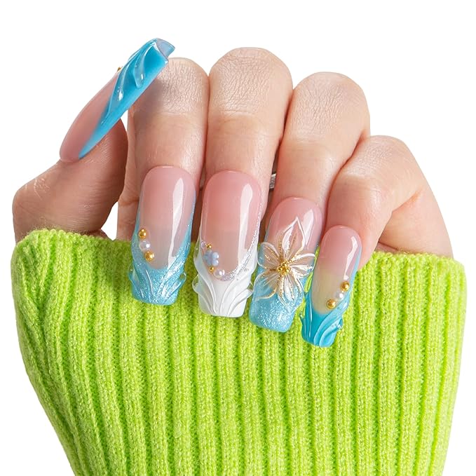 LOVFUL Short French Tip Press on Nails Glacial Blue | Handmade Acrylic Press ons| Reusable Fake False Nails | Square Classic Regular 1.3in | H714-L