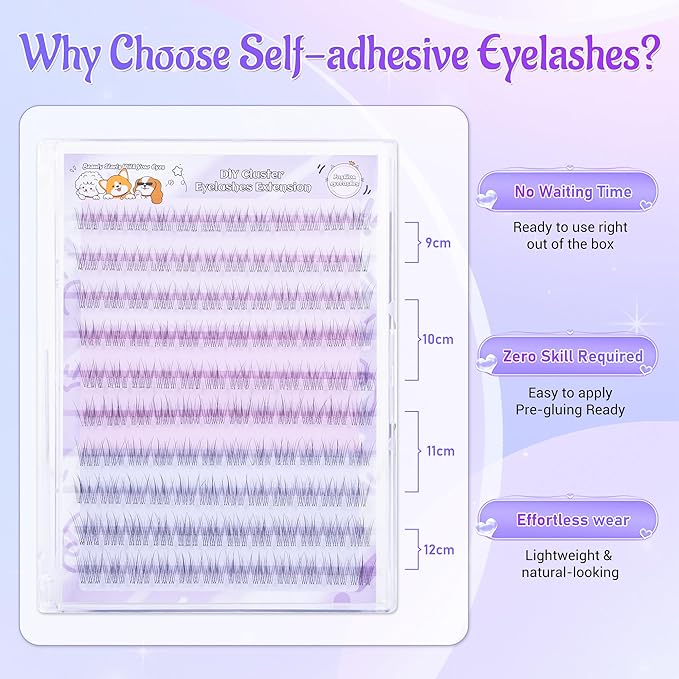 Self Adhesive Eyelashes, Individual Lashes Clusters for Natural Lash Clusters Kit, Pre Lash Glue Wispy Cluster Eyelash Extensions Kit Easy to Apply 120 PCs 9mm 10mm 11mm 12mm