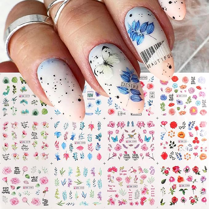 48 Sheets Flowers Nail Art Stickers, Holographic Spring Floral Water Transfer Nail Decals Design, Flowers Leaf Butterfly Nail Sticker for Women Girls Manicure Decorations Resin Nail Decal Tattoo Set