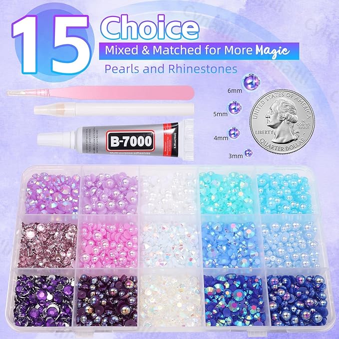 15 Grids Pearls and Resin Rhinestones for Crafting, Purple Blue White Bedazzling Gems Kit, Jelly Resin Rhinestones for Nails Face Eyes Makeup Crafts Tumblers Bottles