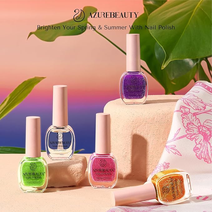 AZUREBEAUTY Nail Polish Set, 4 Colors Flash Reactive Shimmer Glitter Neon Pink Orange Green Purple Spring Summer Long Lasting Quick Dry Natural Fingernail Lacquer Strengthening Kit with Top Coat