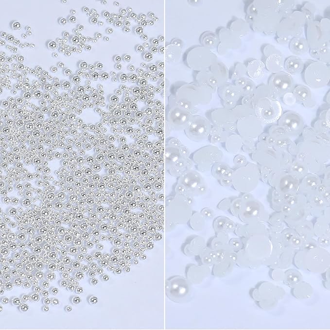 HNUIX White Nail Rhinestones - 3D Multiple Shape Size Gems, Manicure Beads, Pearls, Flatback Crystals Rhinestones, with Kit, for Nail Art Decor