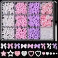 600 Pcs 3D Nail Charms and Flatback Pearls Set 10, Pink&White&Lilac Nail Bows + Pink&White Star Heart Cute Nail Jewels + 2-4mm White Nail Pearls for Nail Art DIY Decoration with Pickup Tools