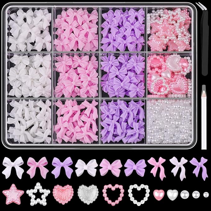 600 Pcs 3D Nail Charms and Flatback Pearls Set 10, Pink&White&Lilac Nail Bows + Pink&White Star Heart Cute Nail Jewels + 2-4mm White Nail Pearls for Nail Art DIY Decoration with Pickup Tools