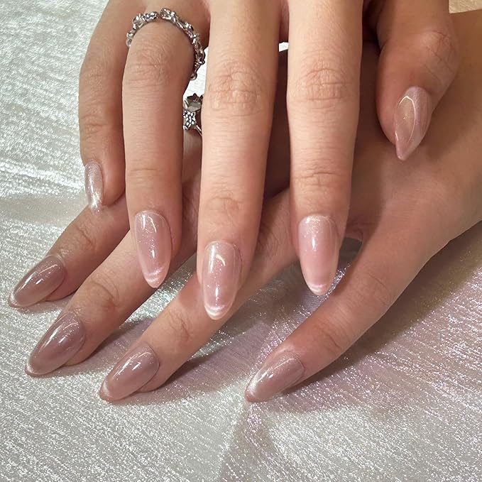 Cat Eye Press on Nails Short Almond, with French Tip Effect, Glue on Nails for Women Gift, Salon Quality Wedding Nails, 32 Pcs (Nude Pink1)