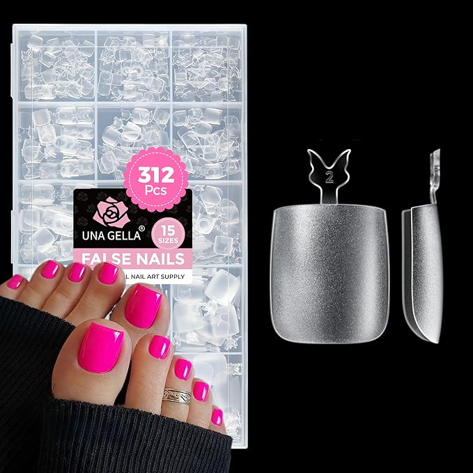 UNA GELLA Square Toe Nail Tips Big Long 312Pcs 15Sizes, Full Cover Soft Gel Toes Nail Tip Pre-etched Fake Acrylic Toe Nail Press Ons For Big Toes Nail Extensions Pedicure Home DIY Nails Salon Soak Off