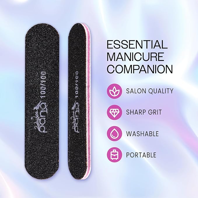 25pcs - PANA Mini Double-Sided Emery Nail File for Manicure, Pedicure, Natural, and Acrylic Nails - Black (Grit 100/100)