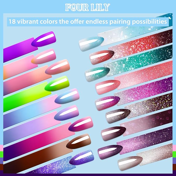 Color Changing Gel Nail Polish Set, 18 Colors Red Pink Glitter Blue Purple Mood Temperature Change Nail Polish Gel Set Soak Off Nail Art Gel DIY Salon Valentine's Day Manicure Gift