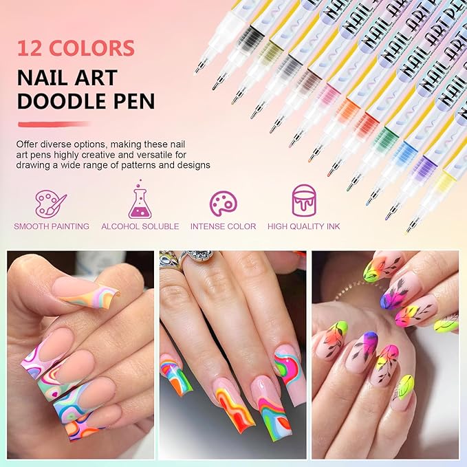 12 Colors Nail Art Pens Set, 3D Nail Polish Pens Quick-Drying Acrylic Paint Markers,For Nail Art Drawing Painting Nail Point Dotting Liner Pen, Nail Design Kit Manicure Tools Home & Salon DIY