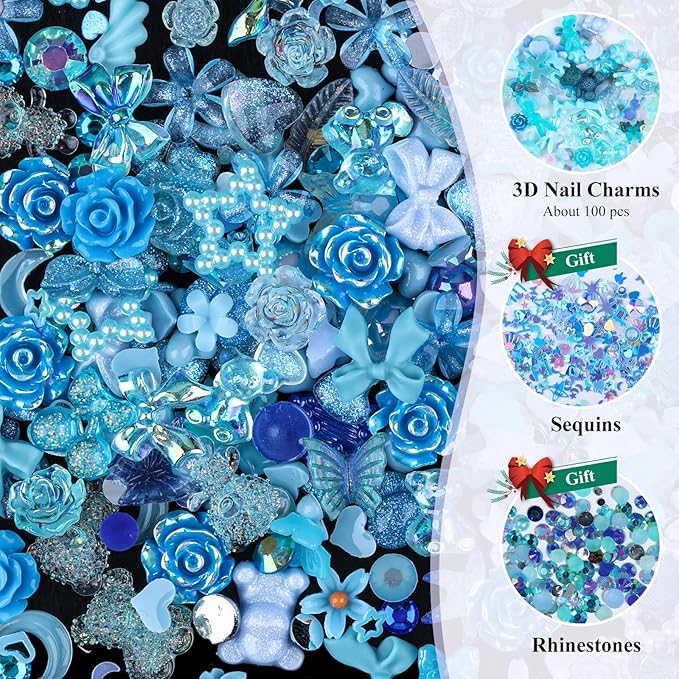 100 Pieces 3D Resin Butterfly Bear Nail Charms Rose Flower Peach Skirt Bow Deer Snake Rabbit Animal Shaped Nail Art Rhinestones Pearls for DIY Nail Art Decoration Making Craft (Blue)