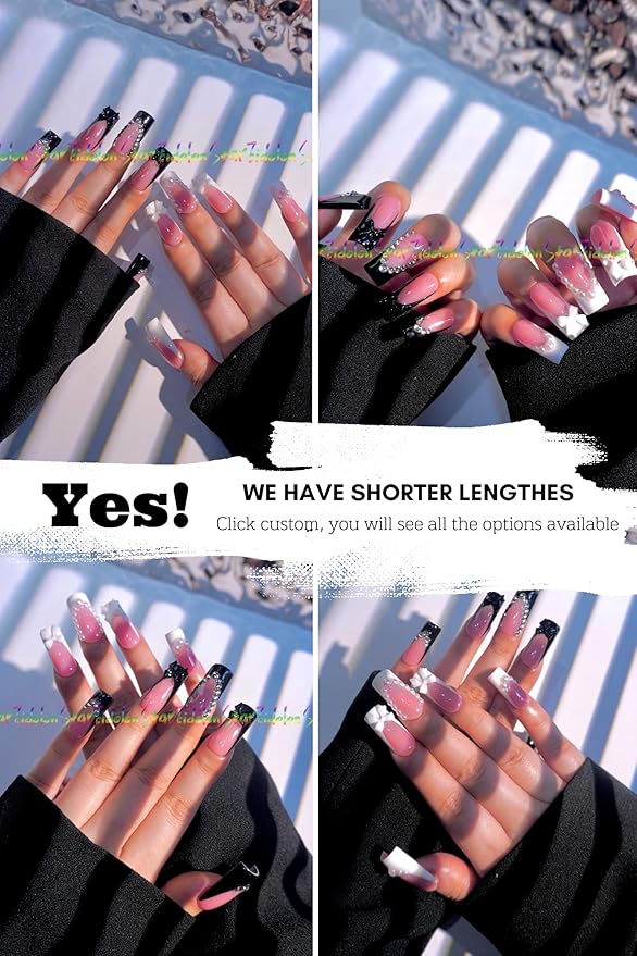 HAND-PAINTED White Press Ons Neon Small Press on Nails Long French Press on Nails Coffin Medium Short Nail art Fake Nail Art Kit with 7g Glue on Nails Handmade Almond Square Nails (TJ59, Medium)