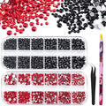3440PCS 6 Sizes Black and Red Glass Crystal Kit with Pickup Pen + Tweezer Tools for Iridescent Shine Nail Art Manicure Makeup DIY Deco Flatback Round Bead Rhinestone Gem Jewelry Diamond