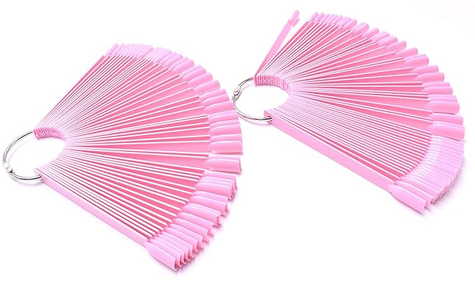 2 Sets 100 Tips Fan Shape Plastic Nail Art Tips Display Polish Board Display Practice Sticks with Metal Split Ring Holder (Pink)