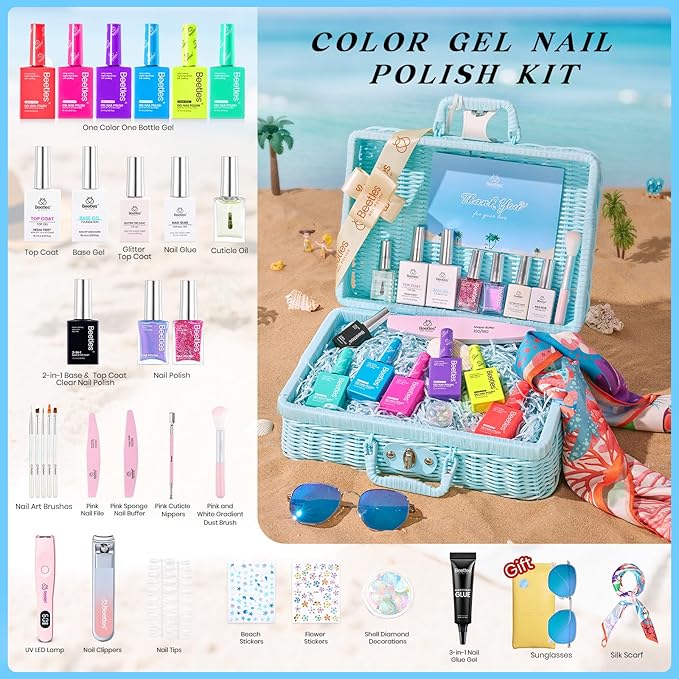 Beetles Gel Nail Polish Set with Mini LED Nail Lamp Purple Red Green Yellow Gel Polish with Base Top Coat Nail Art Brushes Salon DIY Gift Basket for Women