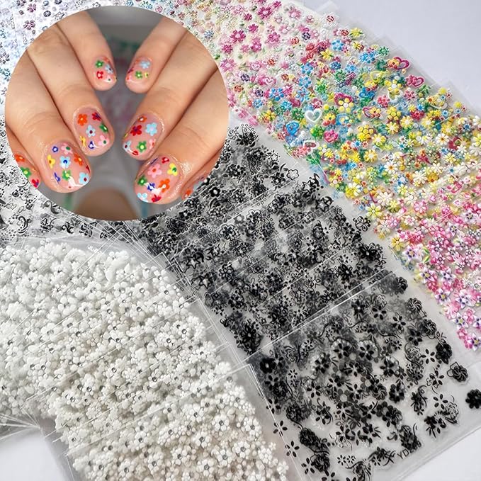 90 Sheets Flower Nail Art Stickers Decals 3D Self-Adhesive Daisy Cherry Blossoms Flower Nail Sticker Black White Colorful Floral Nails Supplies for Women Girls Manicure Decoration with Nail Tweezer