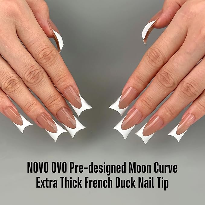 NOVO OVO Halloween Duck Nail White French Tips Press On BROWN PINK with Moon Curve, Medium Extra Thick Full Cover Acrylic,Pre-Etched Wide Soft Gel False Nail Extension for Salon DIY x 15 Sizes 150 pcs