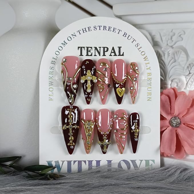 Handmade Press on Nails Long Stiletto - Wine Red French with 3D Cross & Wave Charms | Reusable & Enamel Glossy False Nails | Gothic Classical Style(M)