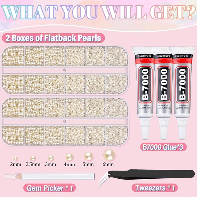 Flatback Pearls for Crafting with 3Pcs 10ml B7000 Jewelry Glue, 2 Boxes of Half Round Beige Pearls, Bedazzling Beads for DIY Crafts Clothing Tumblers Shoes Embellishment Nail Art