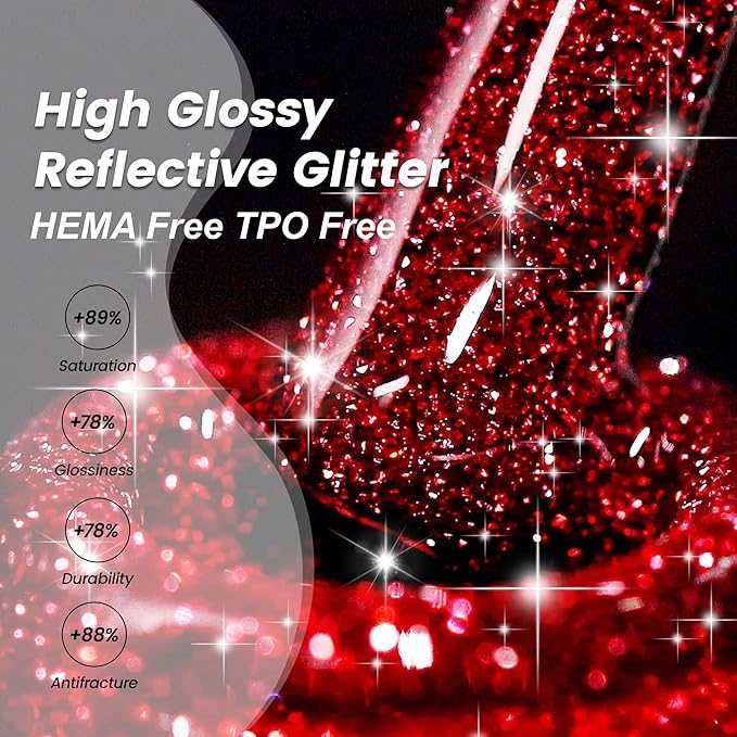 YTD Likomey Reflective Glitter Gel Nail Polish,15ml Red Flash Diamond Shimmer Nails Gel,Sparkly Shiny Salon Home Fall Winter Manicure UV Color Varnish,SZ001